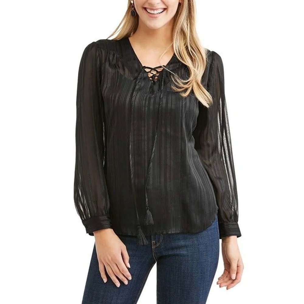Faded Glory Women's Shiny Lace Up Black Blouse Size L